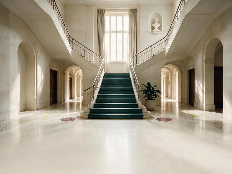 Escalera que se abre hacia distintos recorridos