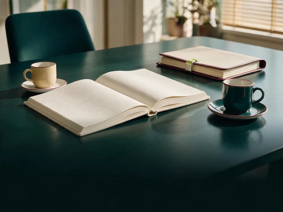 Cuaderno abierto y dos tazas sobre una mesa de reunión